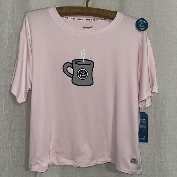 Life is Good Light Pink Navy Coffee Cup Graphic Short Sleeve Top & Shorts PJ Set - Picture 8 of 15